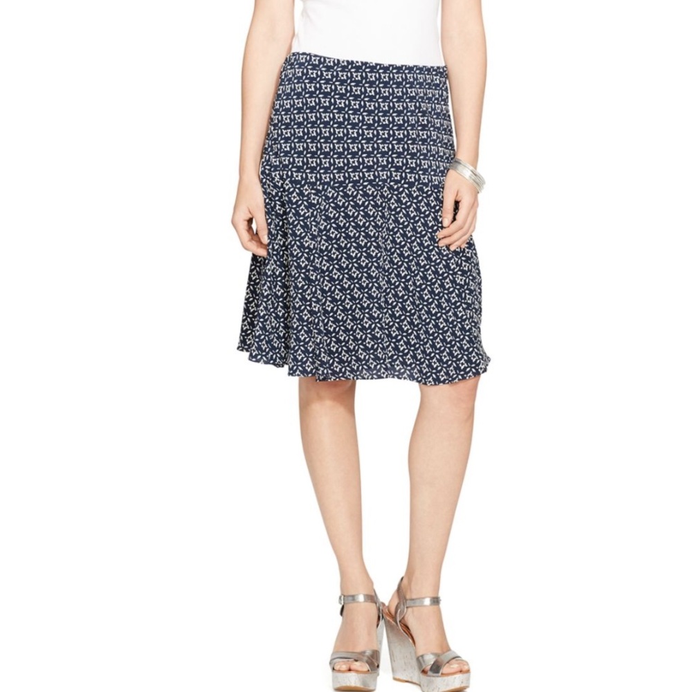 Ralph Lauren Navy White Midi Skirt Fit & Flare Lined SIZE 2 lightweight spring